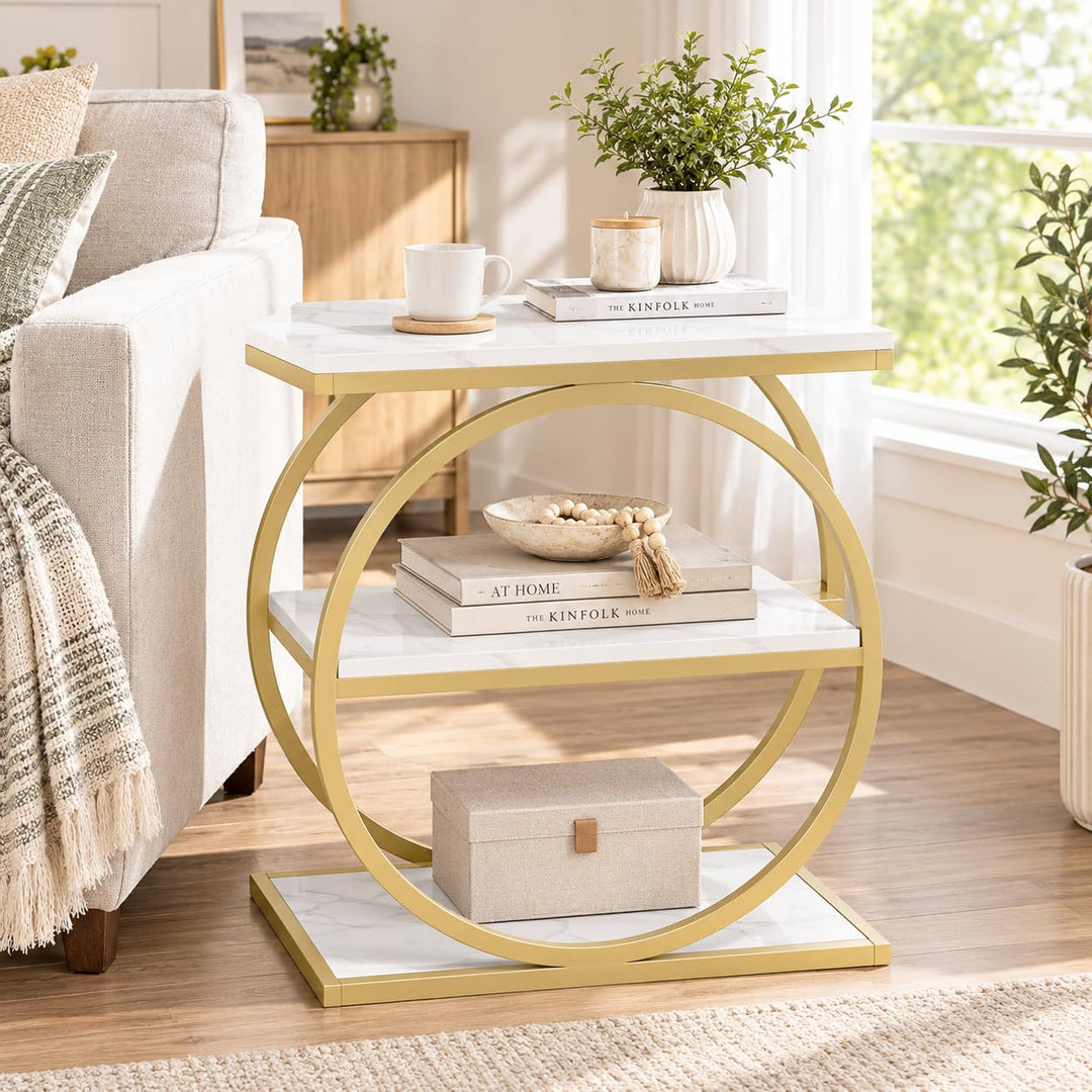 GIANTEX 3-Tier Faux Marble Narrow End Table with Storage &amp; Gold Geometric Metal Frame (1/2)