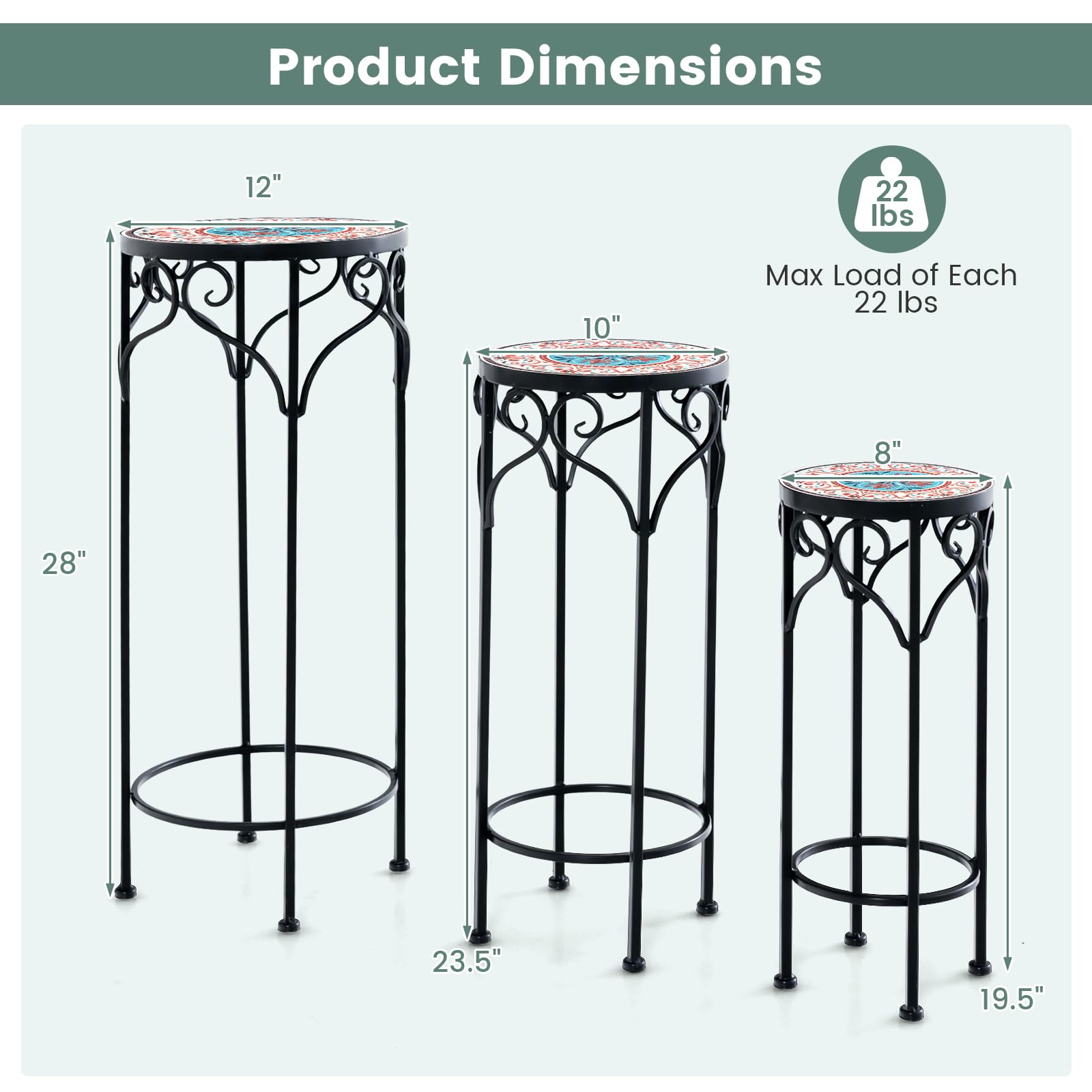 Giantex Metal Plant Stand Set of 3, 28" Mosaic Tall Flower Stand with Ceramic Top
