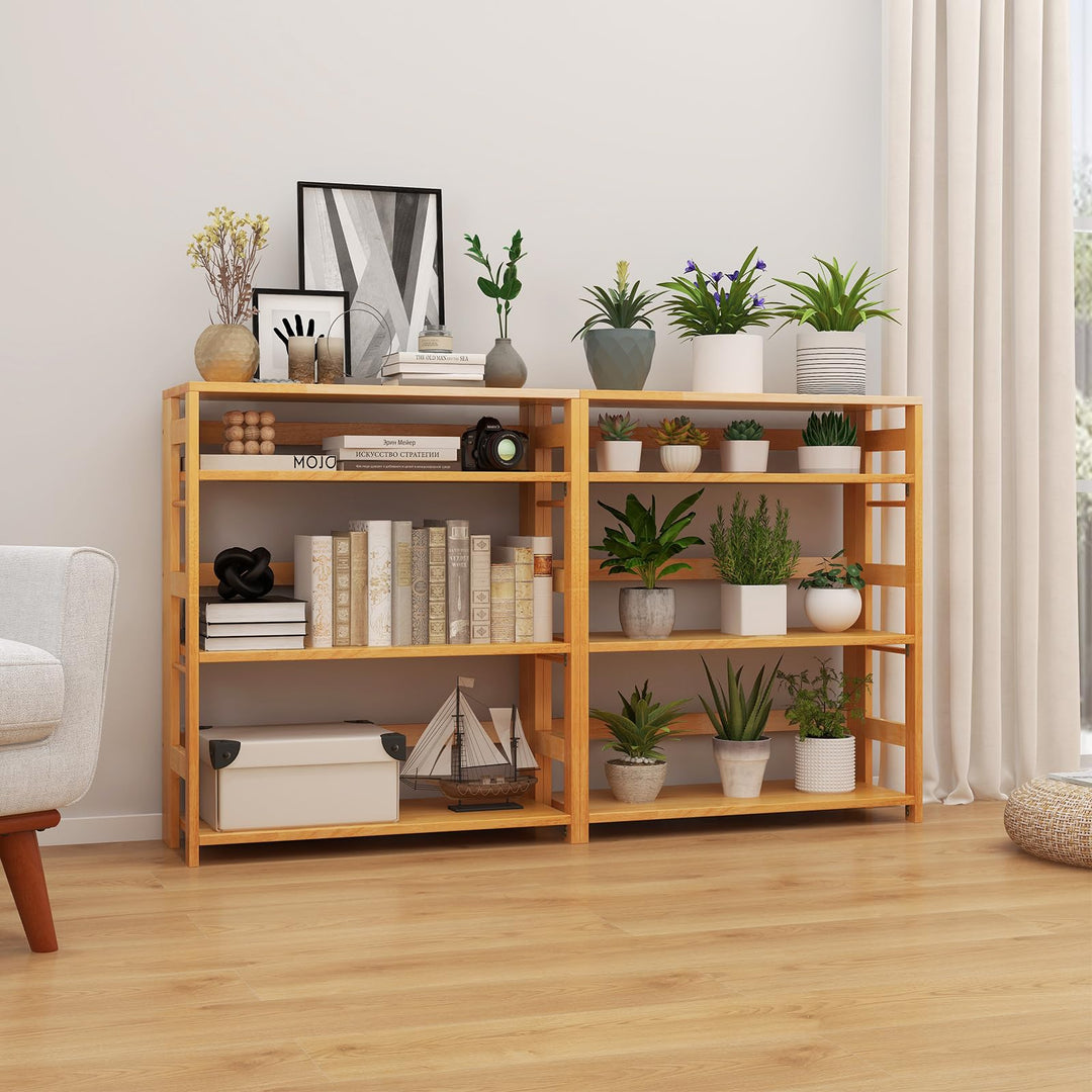 Giantex 4-Tier Bookshelf, 34.5" Floor Storage Shelf w/Rubber Wood Frame, Anti-Toppling Kits, Side Fences