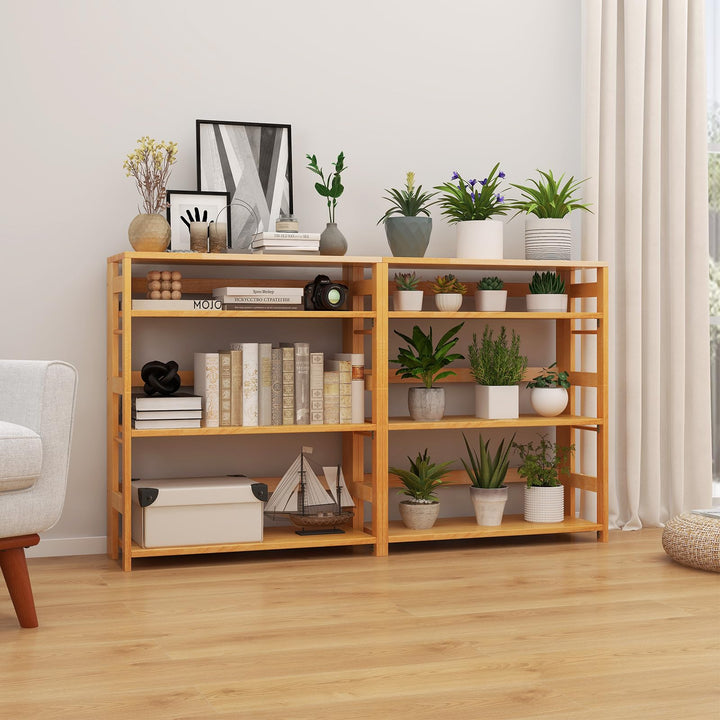 Giantex 4-Tier Bookshelf, 34.5" Floor Storage Shelf w/Rubber Wood Frame, Anti-Toppling Kits, Side Fences