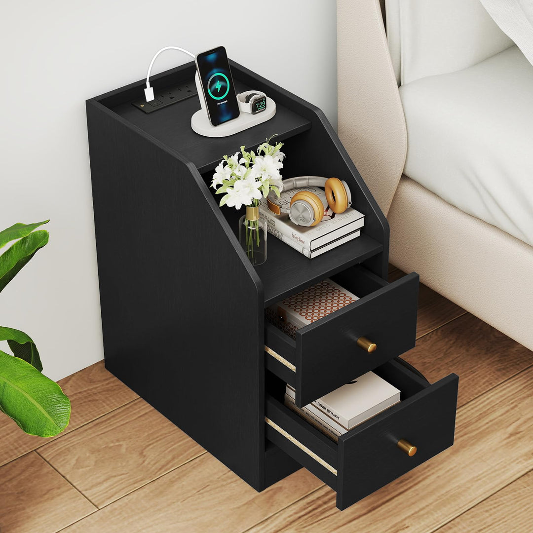 Giantex Side End Table with Charging Station Sofa Couch Table with Shelf Drawers