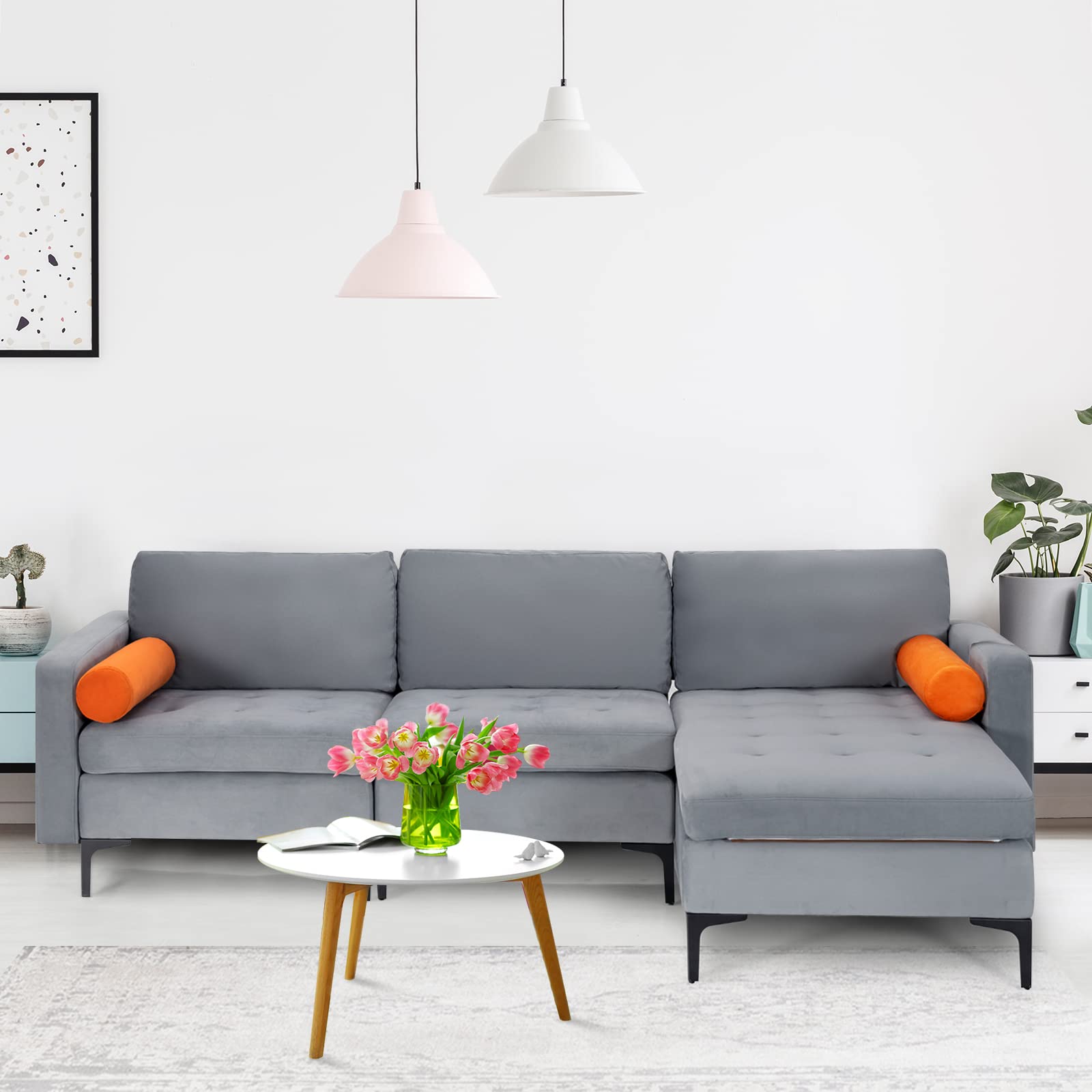 Giantex 97" Large Couch, 3 Seat Sectional Sofa Set, L-Shaped Modular Sleeper with Chaise Lounge & USB Port & Socket