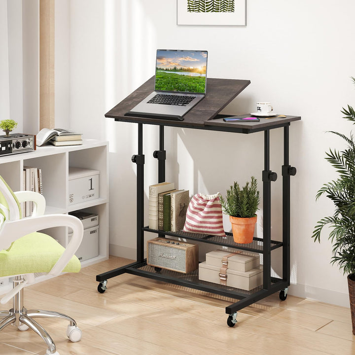 Giantex Adjustable Rolling Computer Desk with Tilting Desktop and Storage Shelves