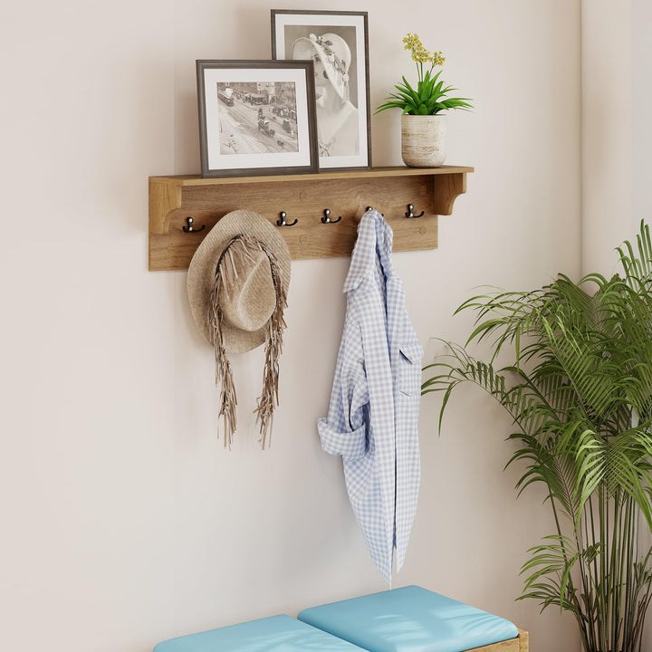 Giantex Wall-Mounted Storage Shelf | 31.5" Wooden Hanging Coat Rack with 6 Hooks