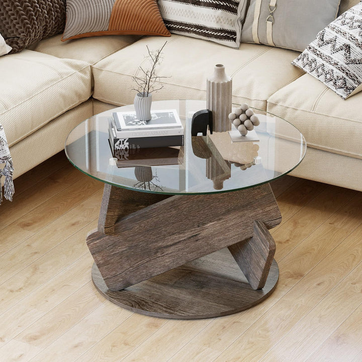 Giantex 32inch Glass Round Coffee Table with Clear Tempered Glass Top Solid Wood Legs
