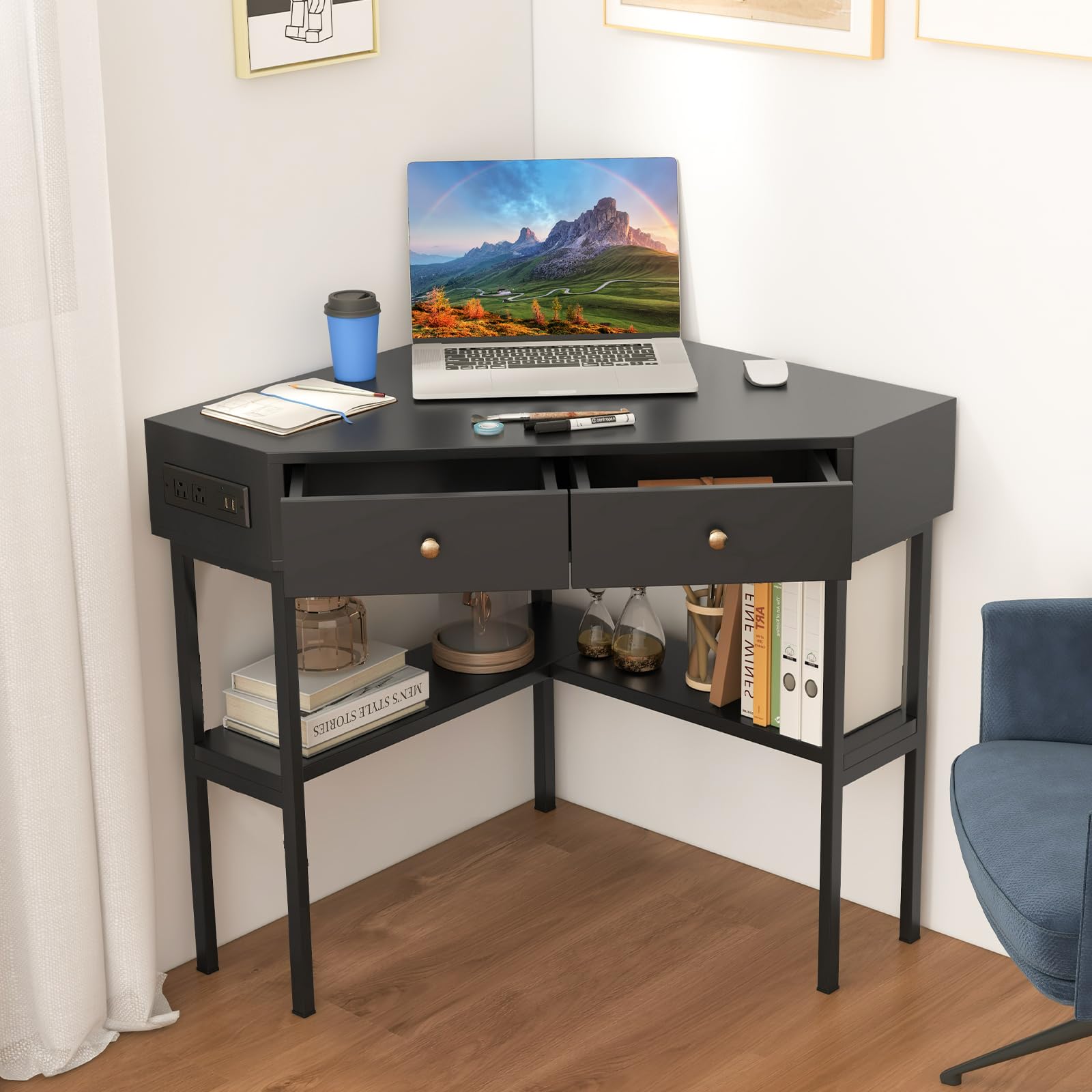 Giantex Corner Desk with Charging Station, 90 Degree Triangle Computer Desk with 2 Drawers & Storage Shelf
