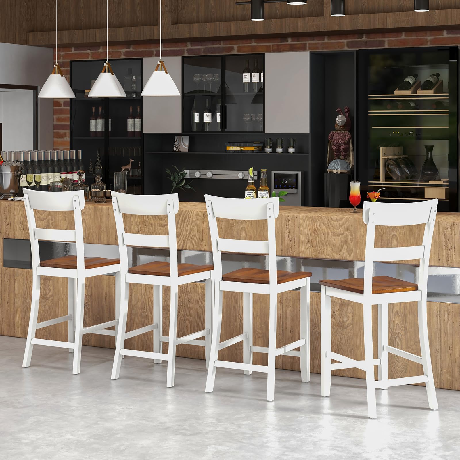 Giantex Wooden Bar Stools Counter Height Set of 2, 24.5" Farmhouse Wood Bar Dining Chairs