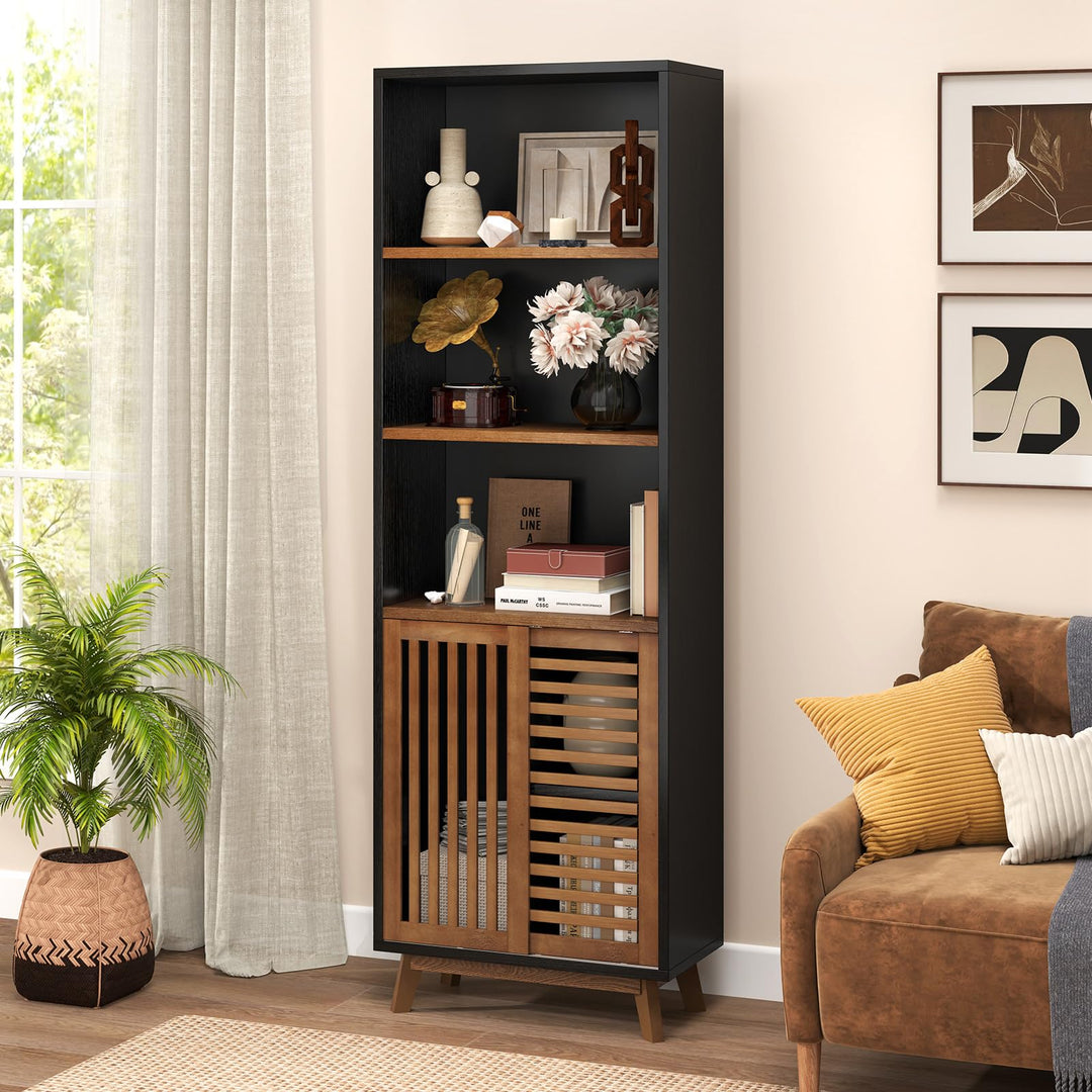 Giantex 70" Bookcase with Sliding Doors 5-Tier Tall Bookshelf with Reversible Adjustable Shelf