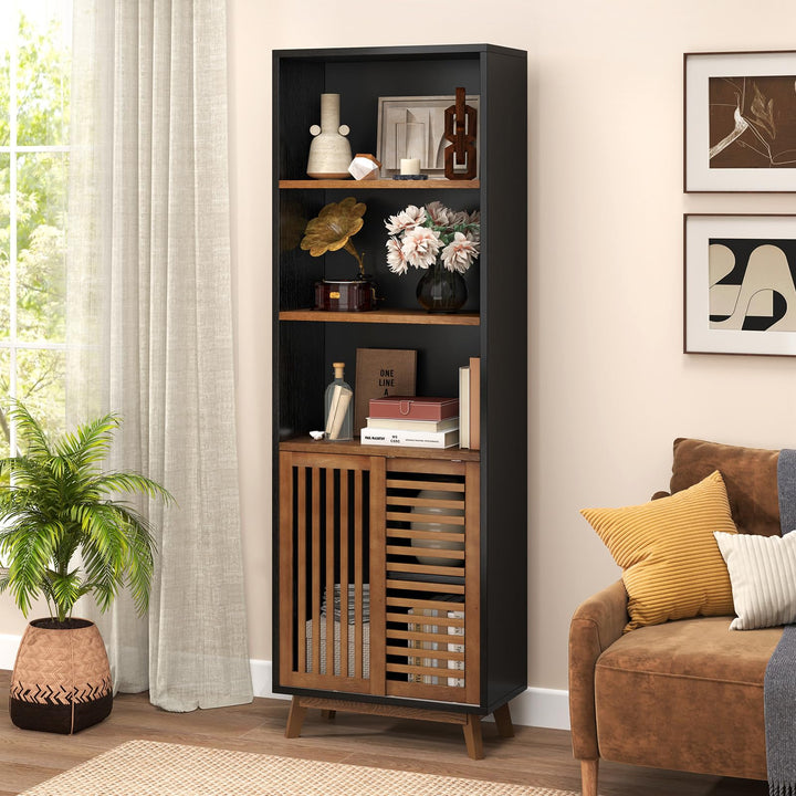 Giantex 70" Bookcase with Sliding Doors 5-Tier Tall Bookshelf with Reversible Adjustable Shelf
