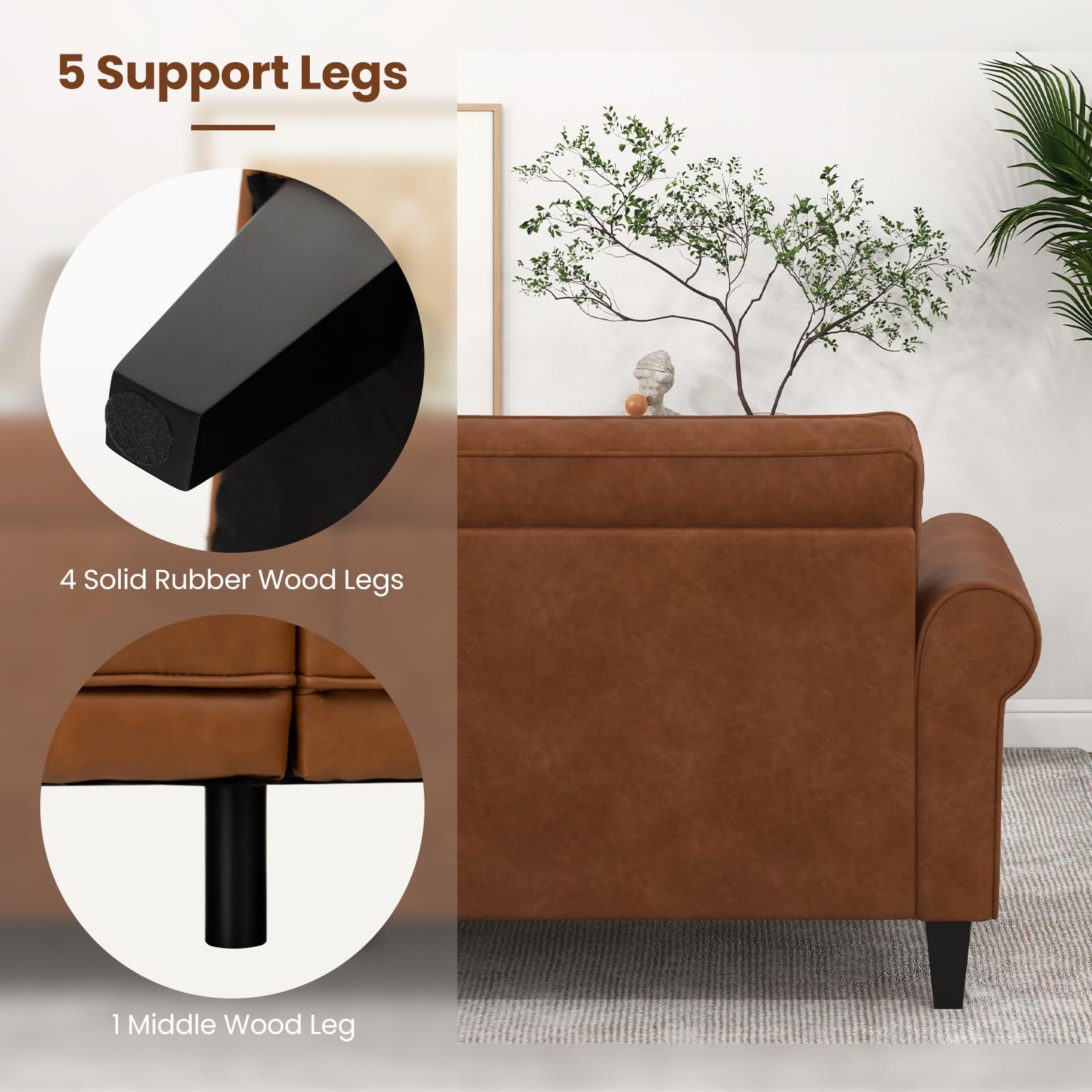Giantex Sofa Couch, 81.5'' Upholstered 3-Seater Sofa Couch with Faux Leather (Brown)