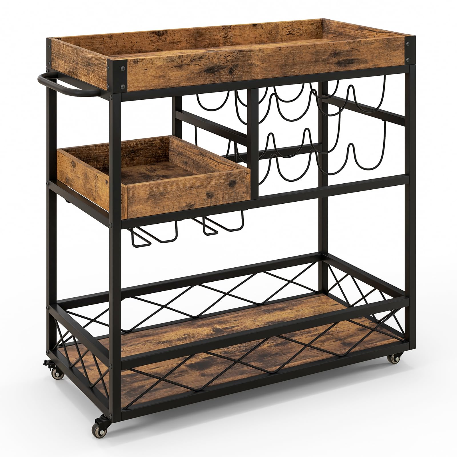 Giantex Home Bar Serving Cart, 3-Tier Rolling Bar Cart with Removable Tray, Wine Rack & Glass Holder, Rustic Brown
