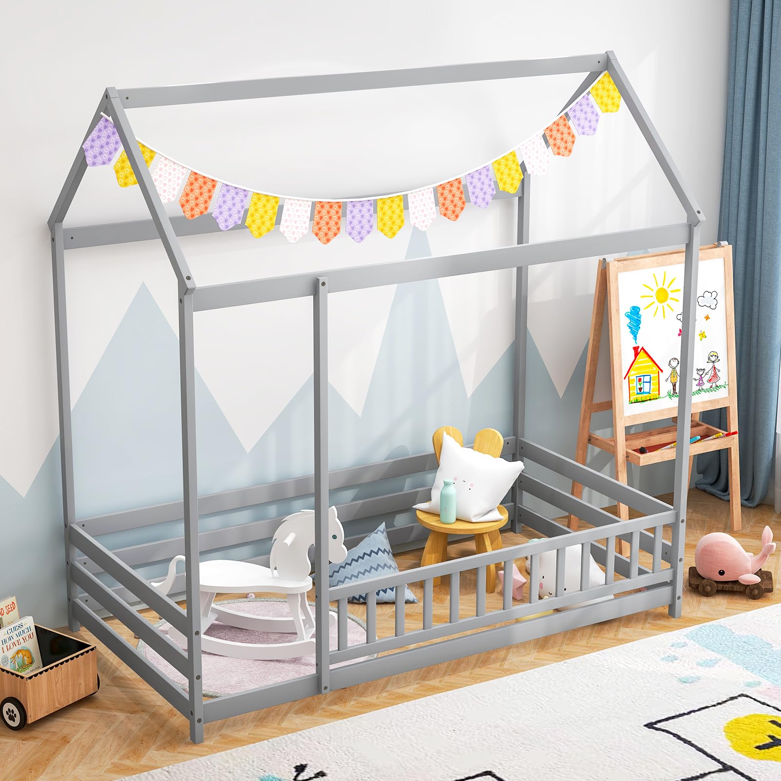 Giantex Twin Floor Bed with Fence, Wood Montessori Bed with Safety Guardrails and 80.5" High Roof Design