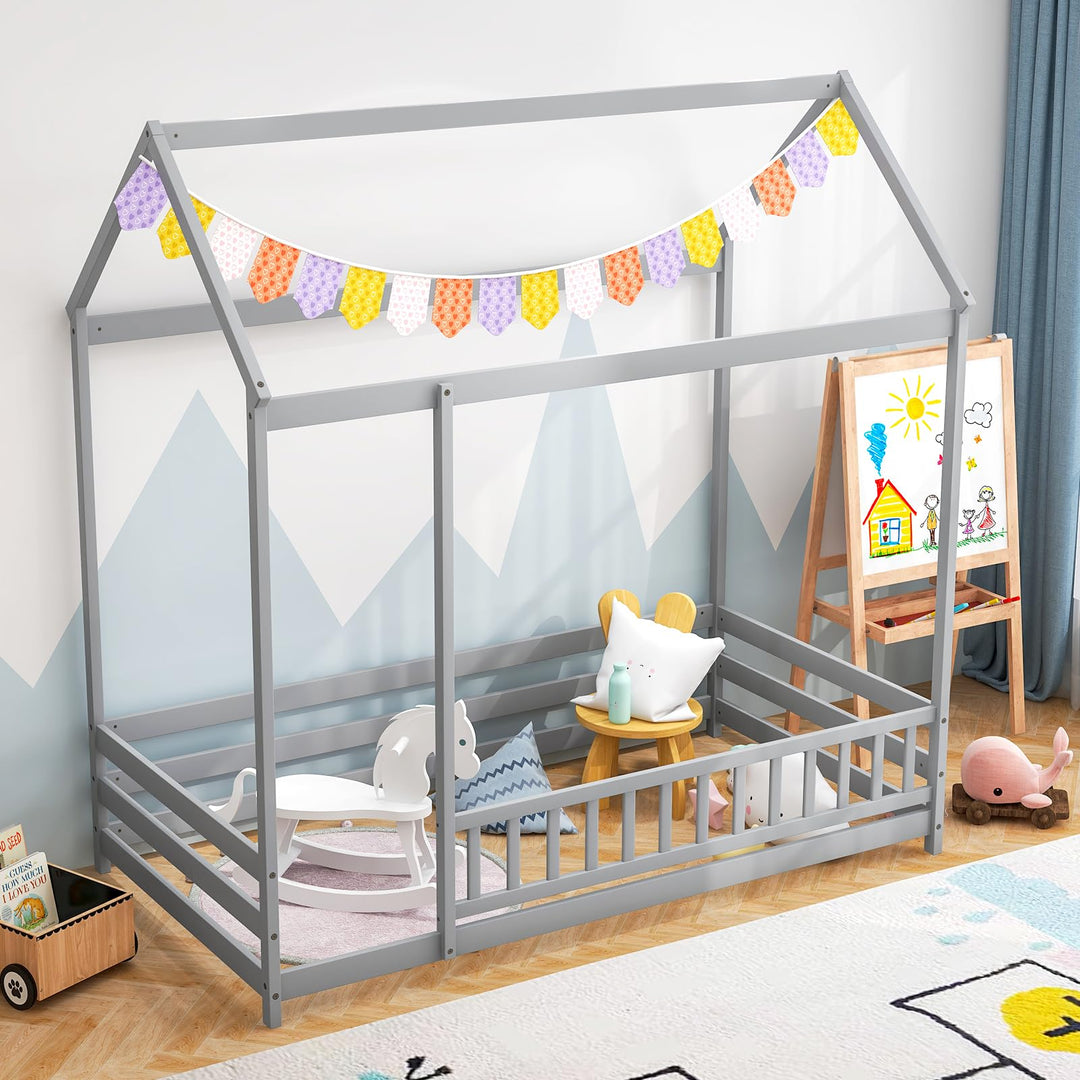Giantex Twin Floor Bed with Fence, Wood Montessori Bed with Safety Guardrails and 80.5" High Roof Design