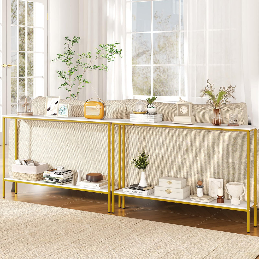 Giantex Gold Console Table with Shelf, 44" Narrow Entryway Table w/Dual Anti-Tipping Kits & Golden Metal Frame