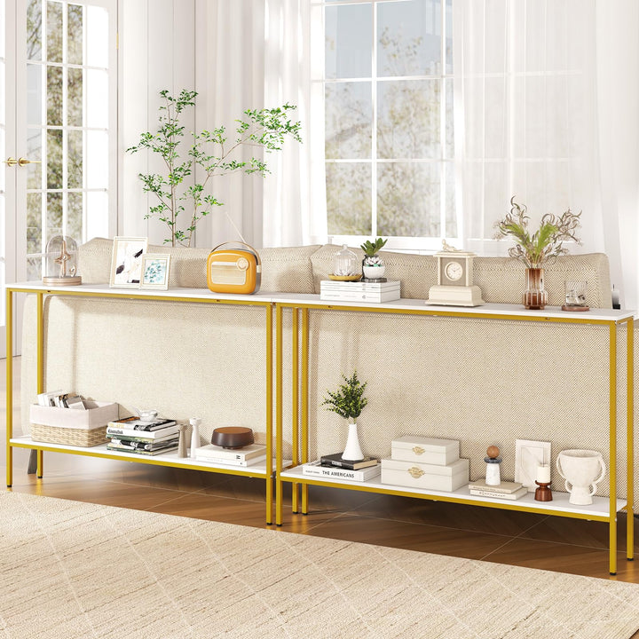 Giantex Gold Console Table with Shelf, 44" Narrow Entryway Table w/Dual Anti-Tipping Kits & Golden Metal Frame