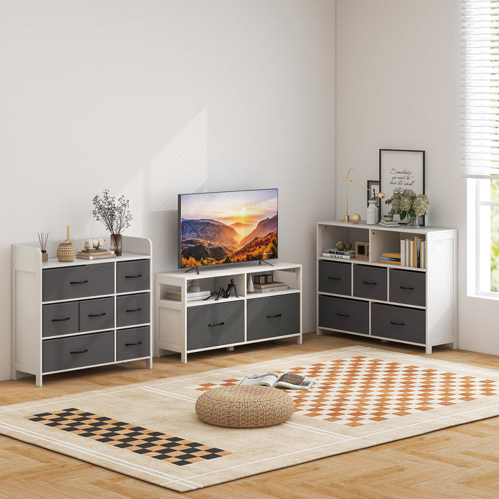 Giantex Storage Cabinet with 5 Drawers & 2 Cube Shelves, Chest of Drawers, Console Table, White & Grey