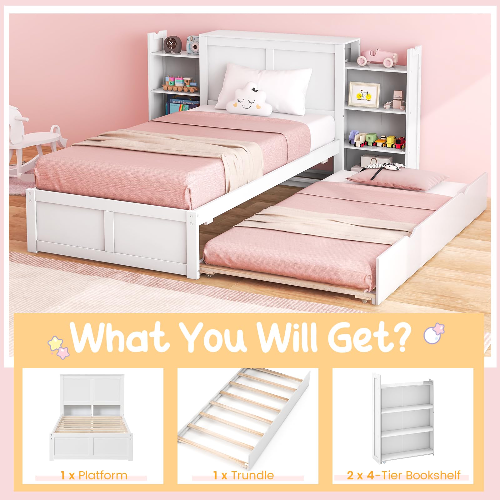 Giantex Full Bed Frame with Twin Trundle, Wooden Bed Wooden Bed Frame with 2 Rolling Bookcases & High Headboard