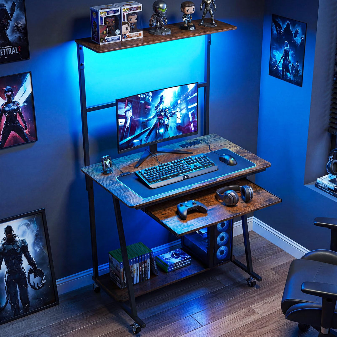 Giantex 31.5" Small Computer Desk with Charging Station &amp; LED Lights
