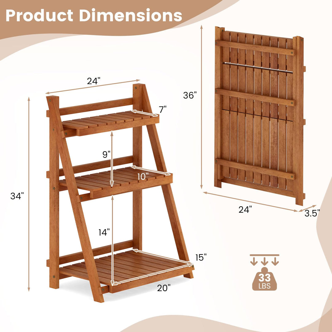 Giantex Foldable Ladder Plant Shelf 3-Tier Solid Wood Indoor Outdoor Flower Pot Display Rack