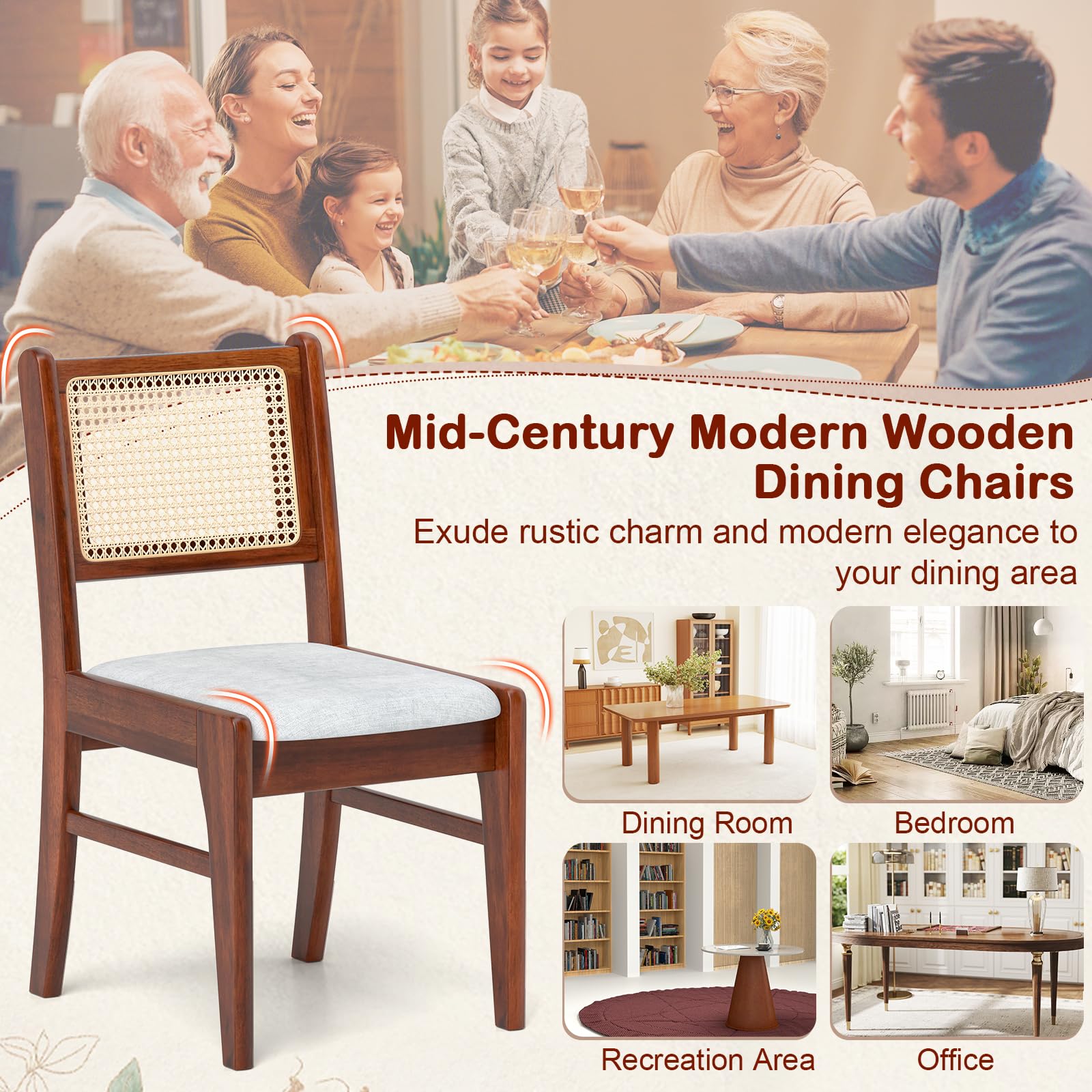 Giantex Rattan Dining Chairs Set of 2/4, Wooden Kitchen Chairs w/Cane Back, Rubber Wood Frame