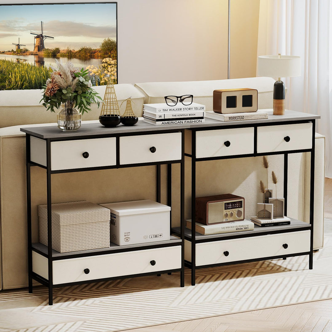 Giantex Farmhouse Console Table 32” Entryway Table with 3 Fabric Drawers & Open Storage Shelf