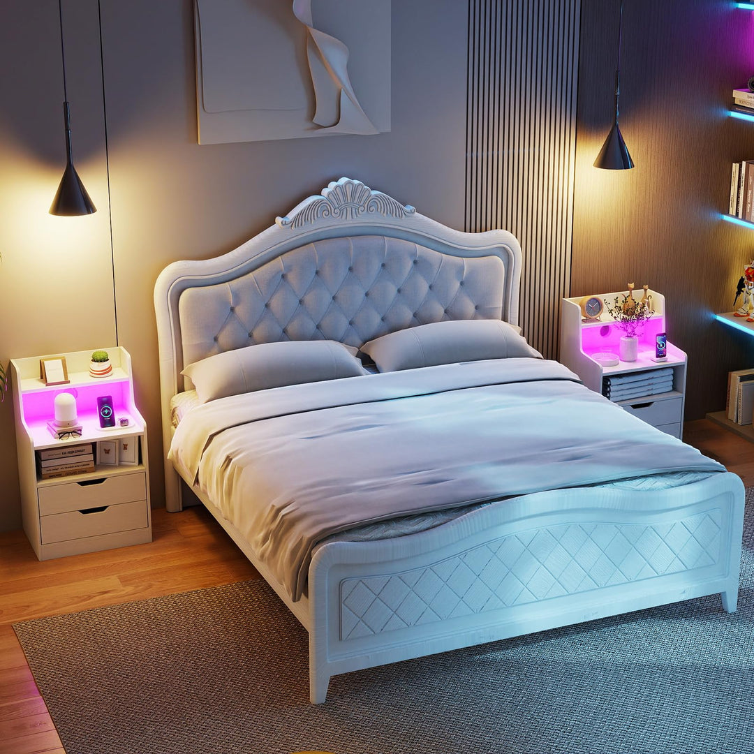 Giantex Nightstand with LED Light and Charging Station for Living Room Bedroom