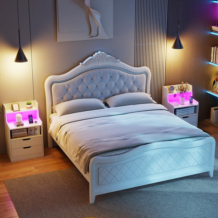 Giantex Nightstand with LED Light and Charging Station for Living Room Bedroom