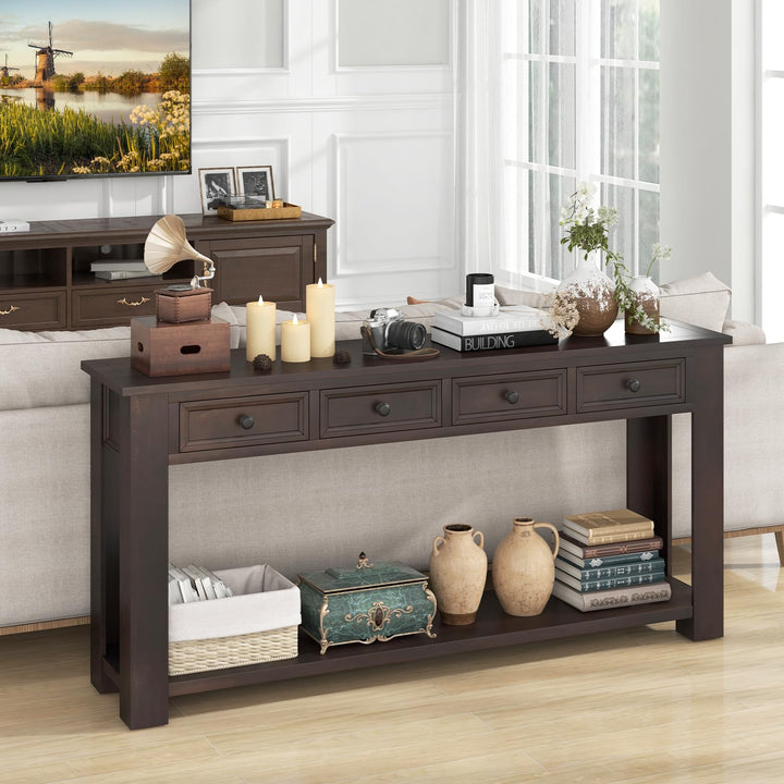 Giantex 63" Farmhouse Entryway Table, Narrow Console Table w/ 4 Storage Drawers & Open Shelf