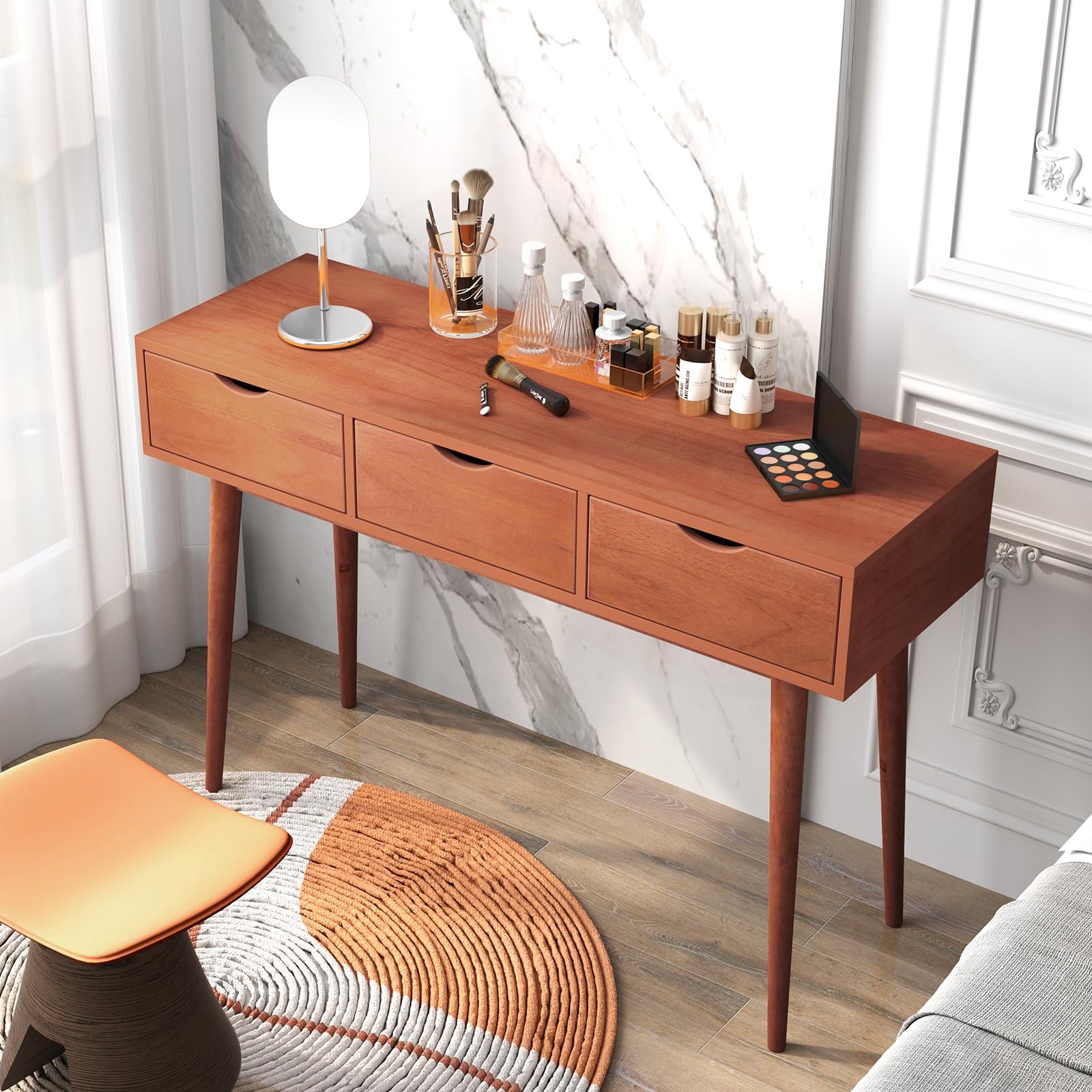 Giantex Writing Desk with 3 Drawers, 48" Computer Desk with Solid Wood Legs, Mid Century Modern Work Table