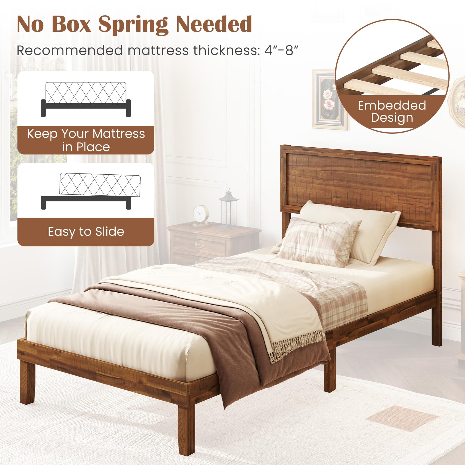 Giantex Wood Bed Frames with Headboard, Mid Century Modern Platform Bed