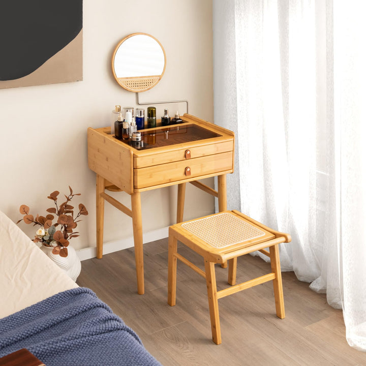 CHARMAID Vanity Stool, Bamboo Ottoman Foot Rest with Rattan Seat, Anti-Slip Foot Pads
