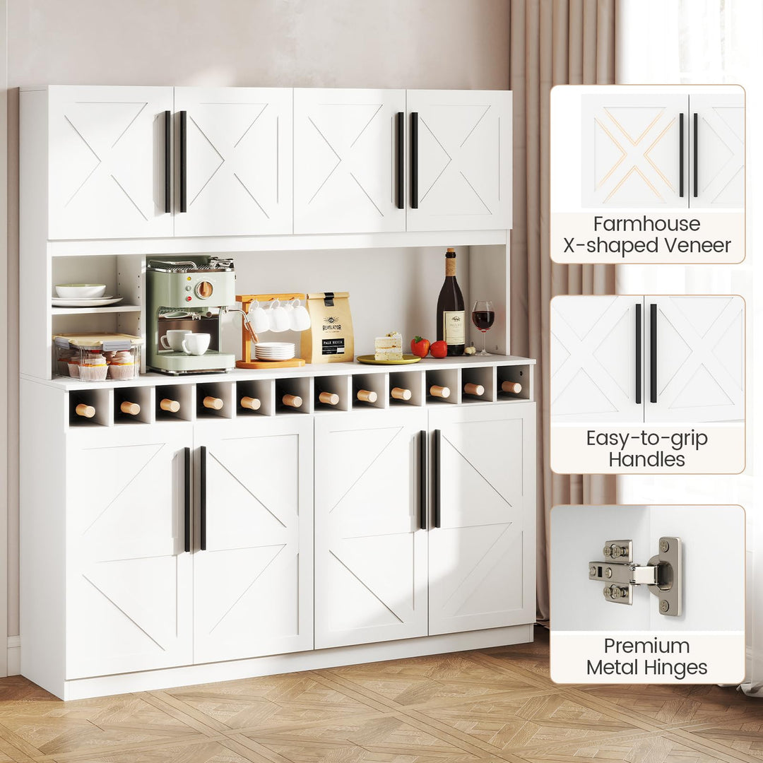 70 Inch Farmhouse Pantry Cabinet Kitchen Buffet Hutch with 4 Cabinets and 2 Open Shelves