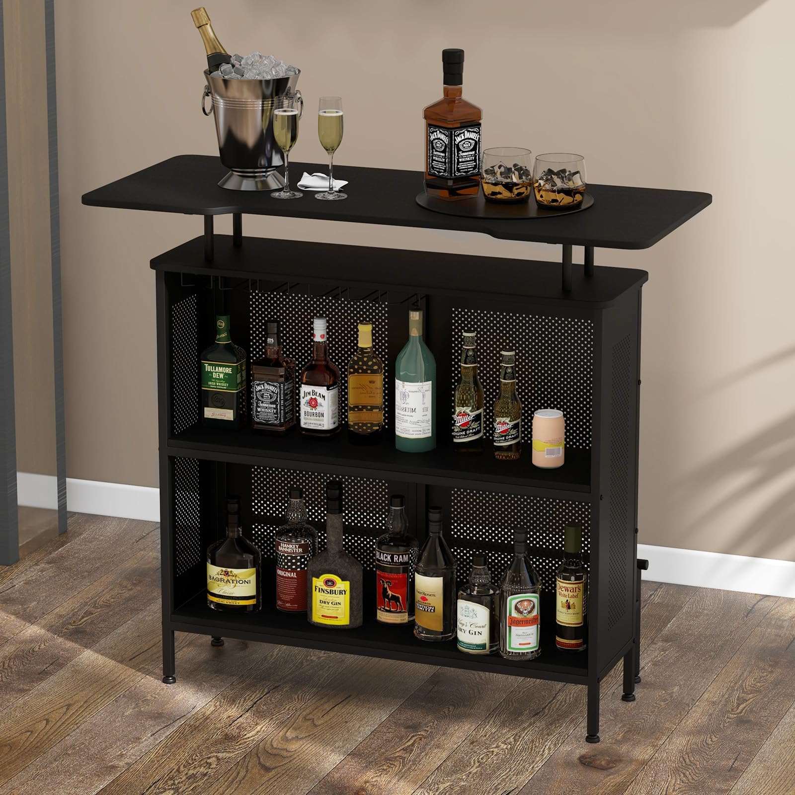 Giantex 4-Tier Home Bar Unit, Home Bar Cabinet w/ 2 Wine Storage Shelves & 6 Stemware Holders, Black