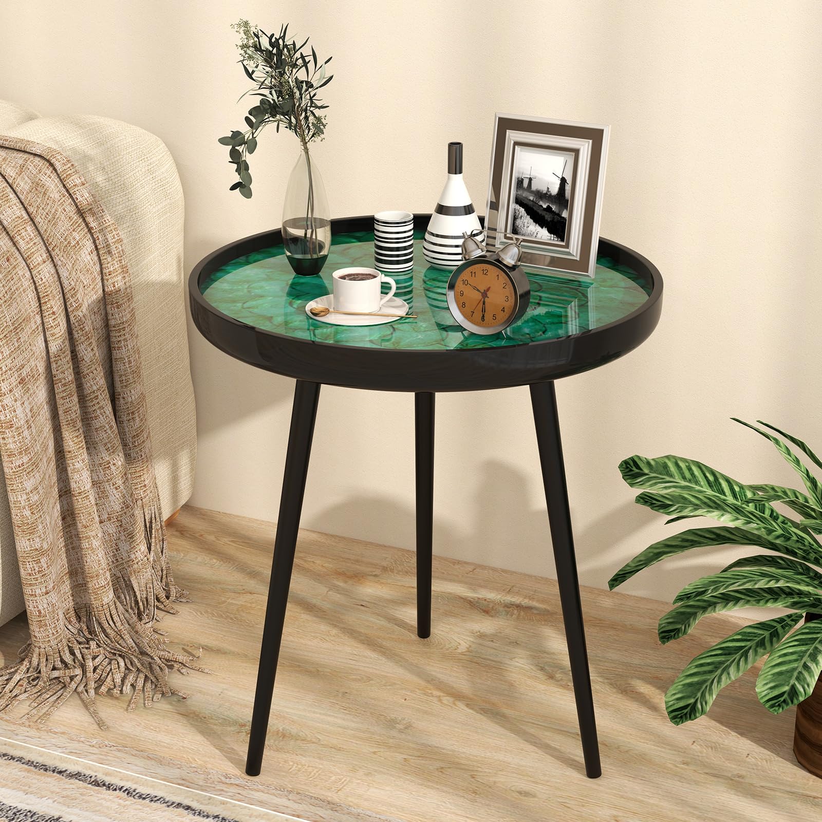 Giantex Outdoor Side Table, Round End Table with Epoxy Resin Finish