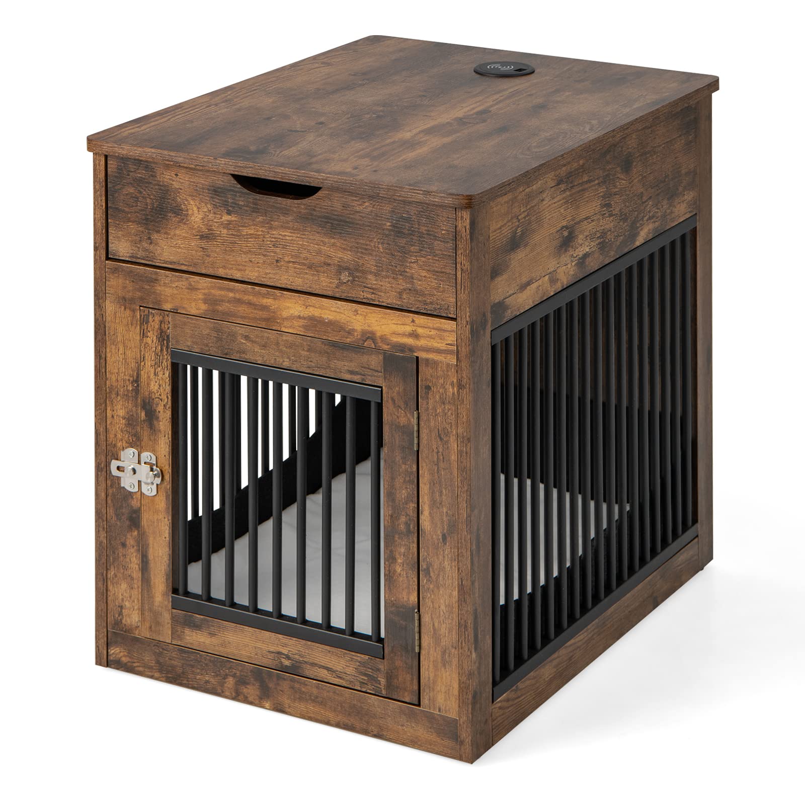 Giantex Dog Crate Furniture, Dog Kennel End Table with Chew-Proof Metal Fence, Lockable Door