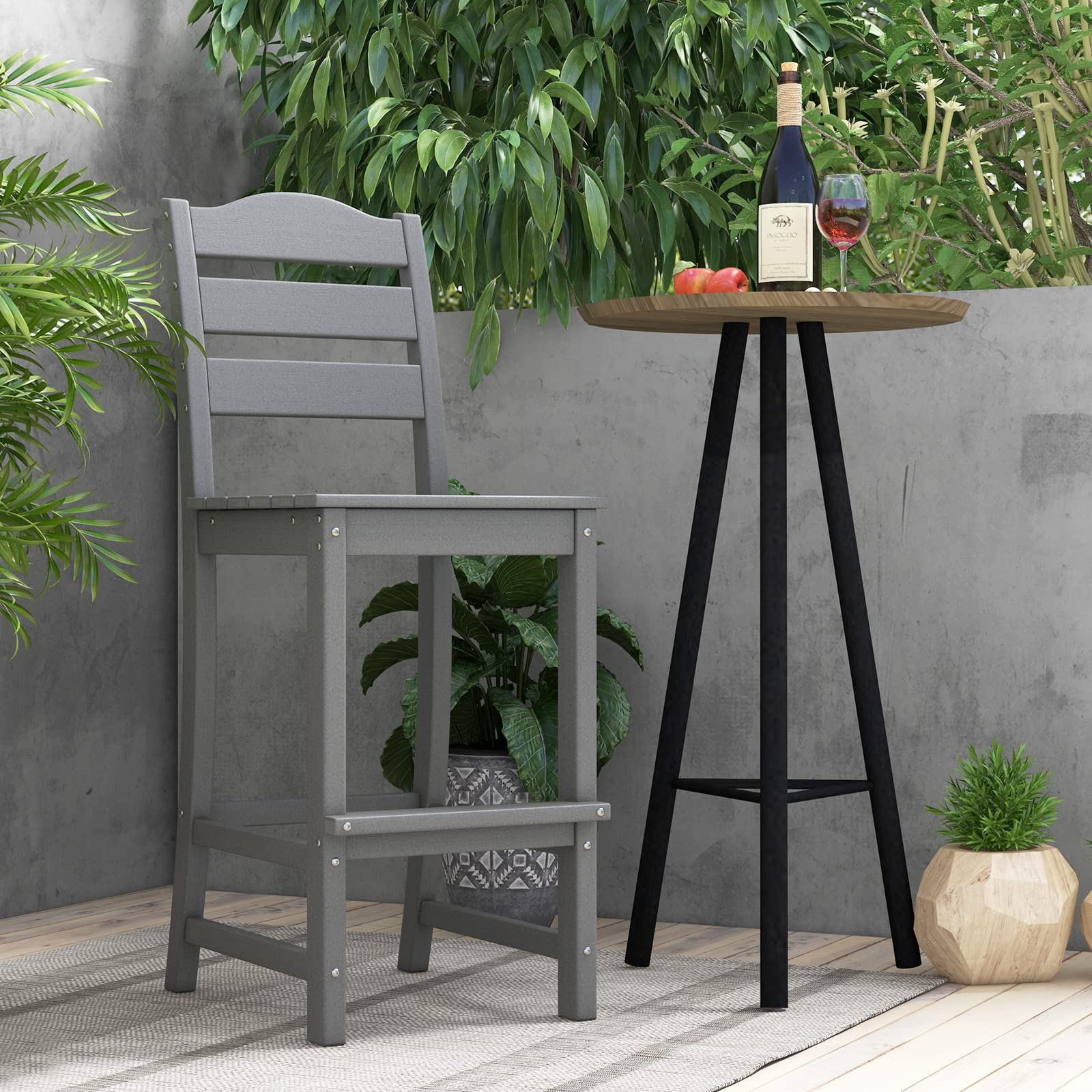 Giantex Outdoor HDPE Bar Stool, Patio Tall Bar Chair with Backrest and Footrest, 30 Inches Counter Height Barstools