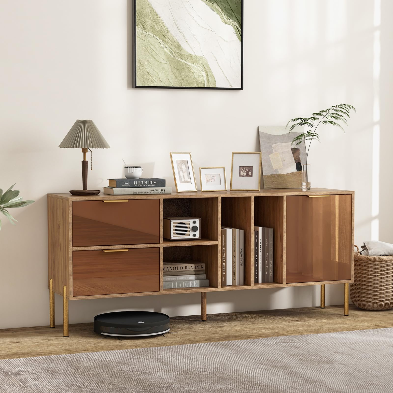 Giantex Mirrored Buffet Cabinet, Wooden Kitchen Sideboard Storage Cabinet w/2 Drawers & 1 Door Accent Cabinet