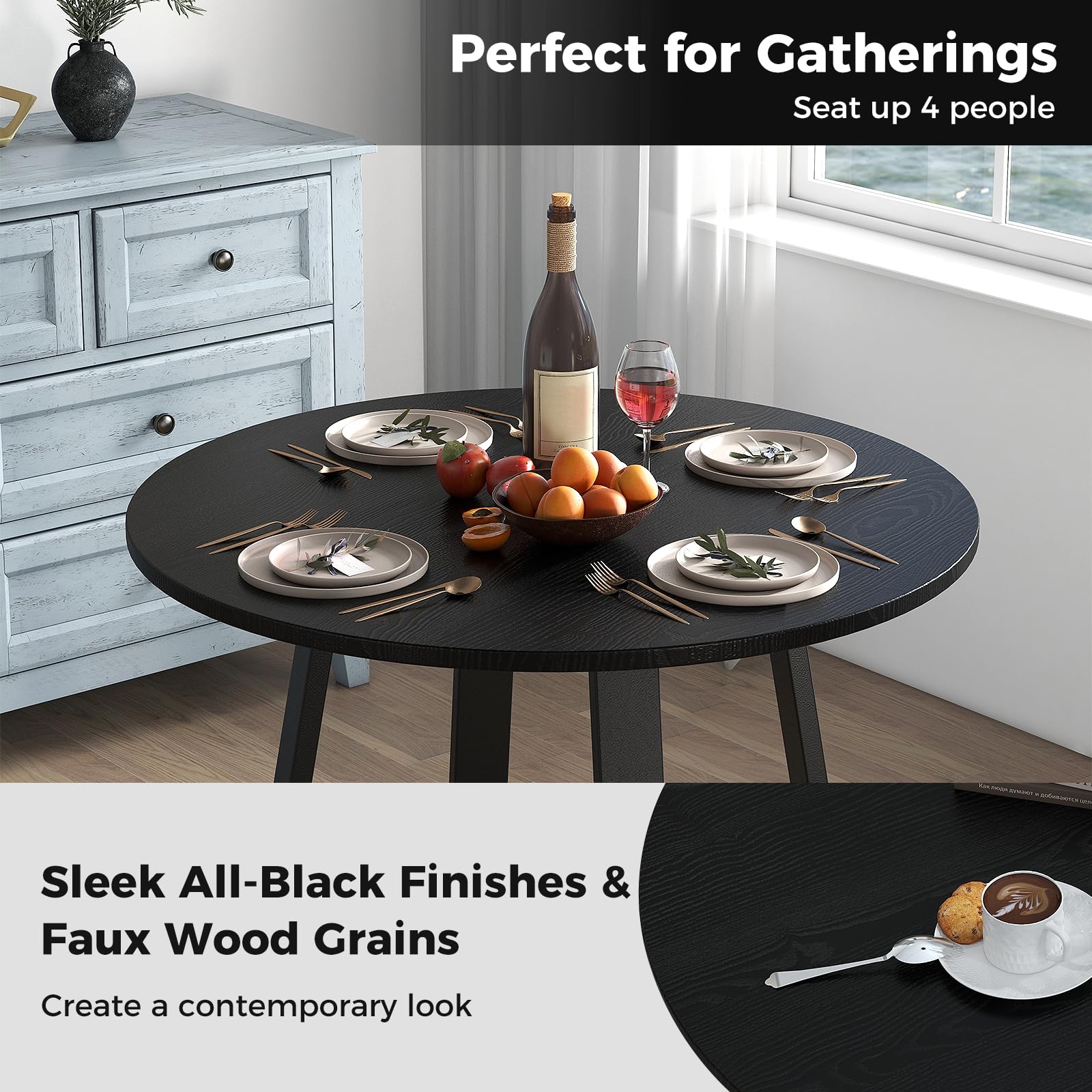 Giantex Round Dining Table, 36” Kitchen Table with Pedestal Base, Solid Rubber Wood Frame, Load 220 lbs