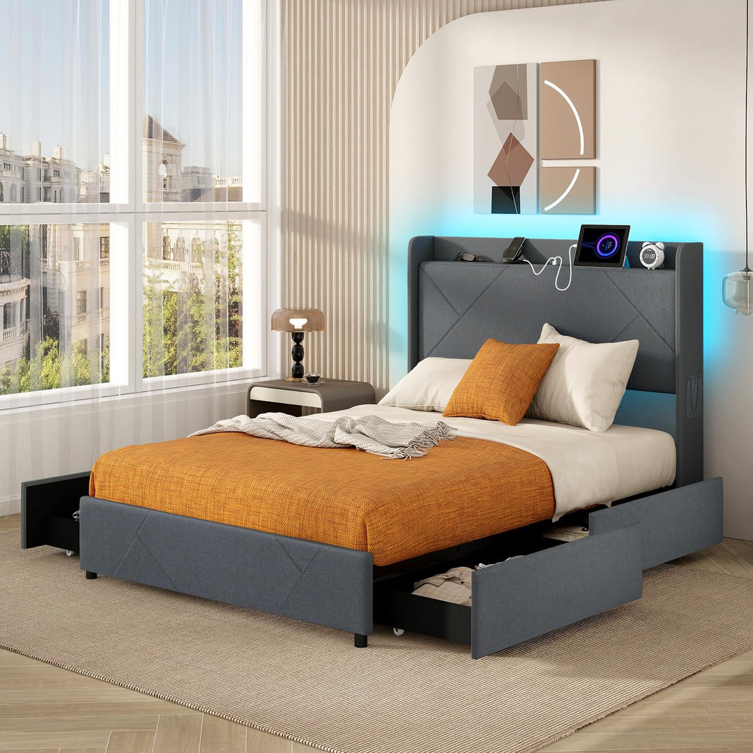 Giantex Full/Queen Size Bed Frame with 4 Storage Drawers & LED Lights, Headboard & Charging Station, Wooden Slats, Easy Assembly, Grey