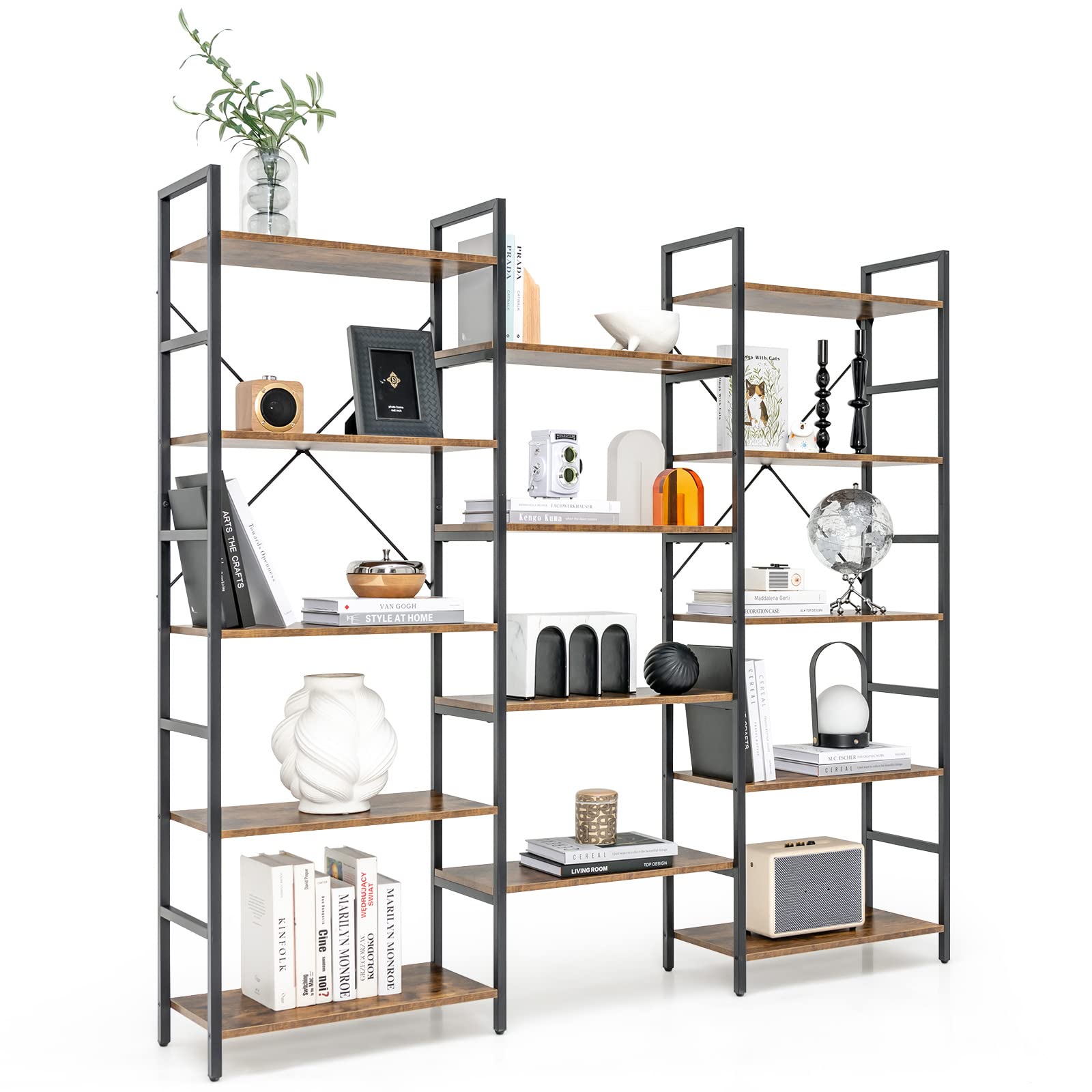 Giantex Triple 5-Tier Industrial Bookshelf- Freestanding Metal Frame Ladder Bookcase with 14 Open Shelves