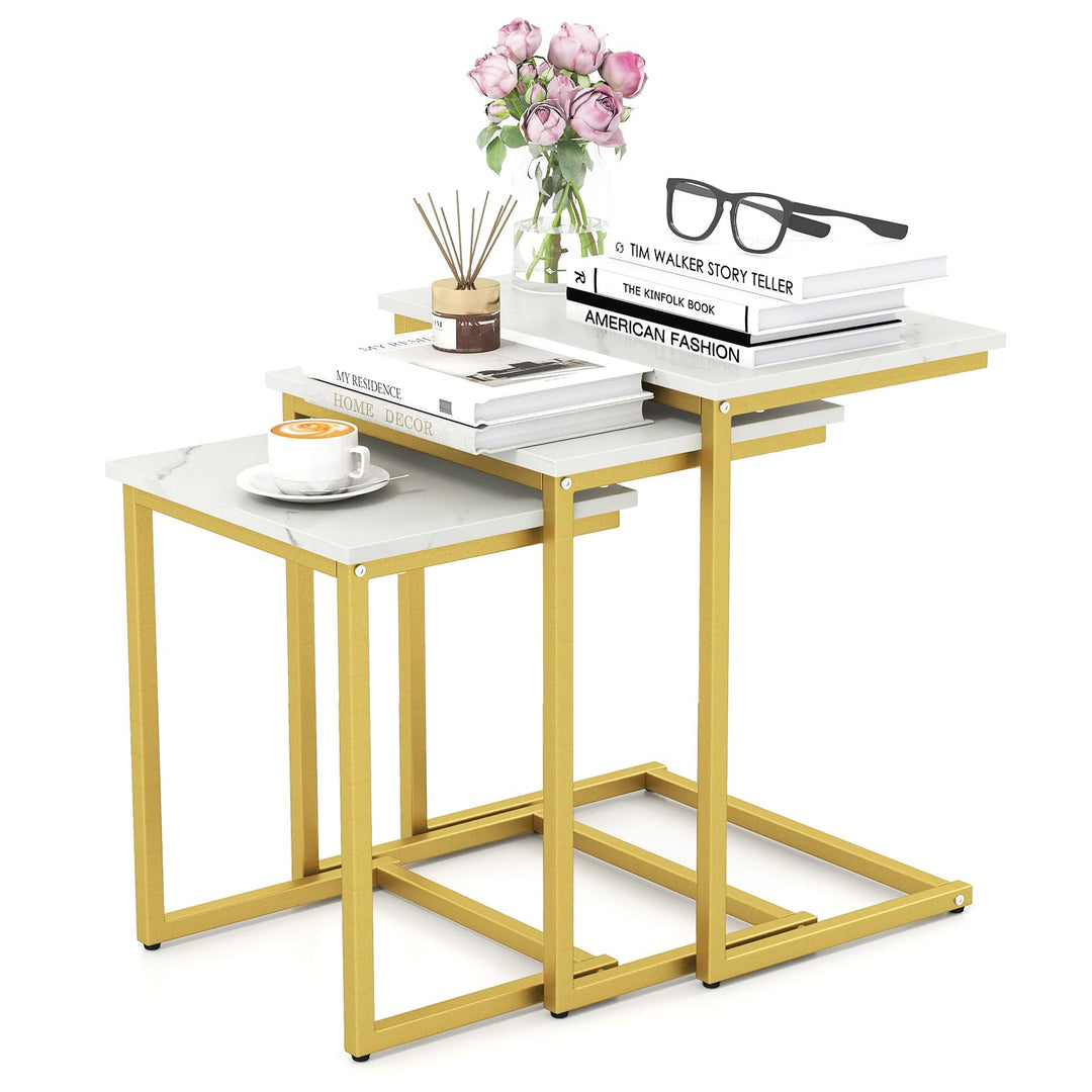 Giantex Nesting Coffee Table Set of 3 Stackable Square End Table w/Faux Marble Tabletop & Heavy-Duty Metal Frame