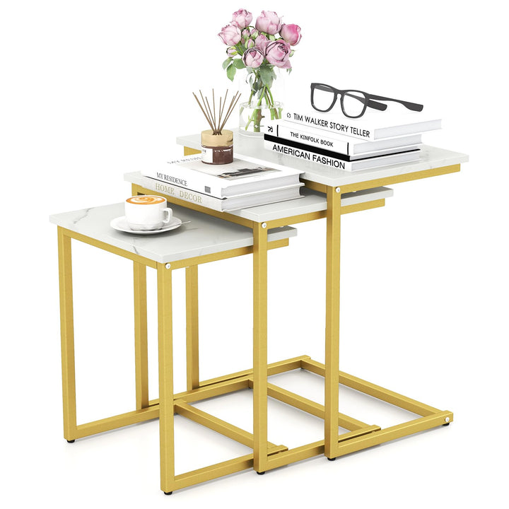 Giantex Nesting Coffee Table Set of 3 Stackable Square End Table w/Faux Marble Tabletop & Heavy-Duty Metal Frame