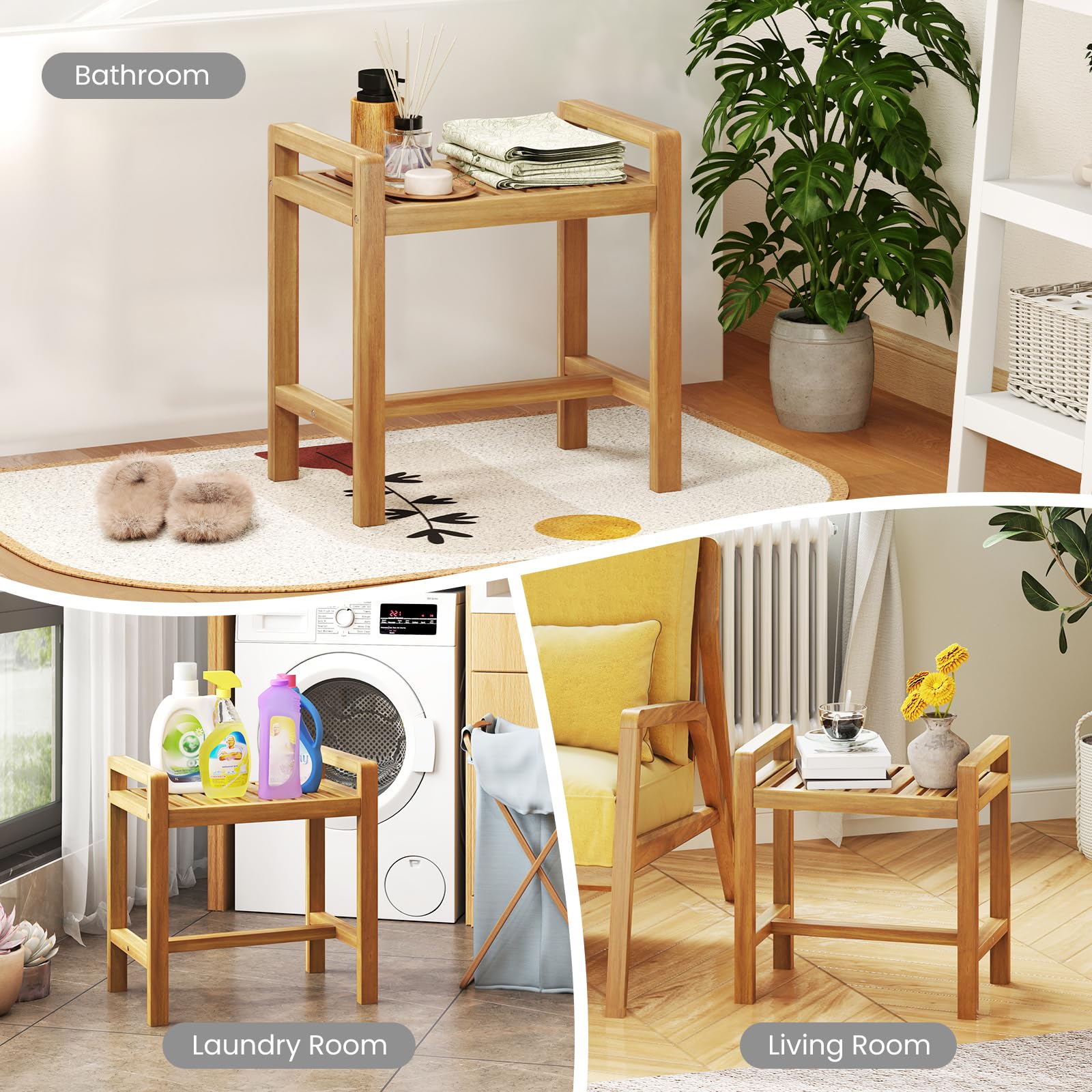 Giantex Teak Wood Shower Bench - 20" Waterproof Shower Stool with Handles and Slatted Seat for Inside Shower