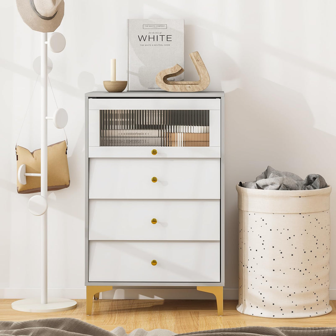 Giantex 3 Drawer Dresser, Modern Storage Cabinet w/Flip Up Fluted Glass Door & Pull-Out Drawers