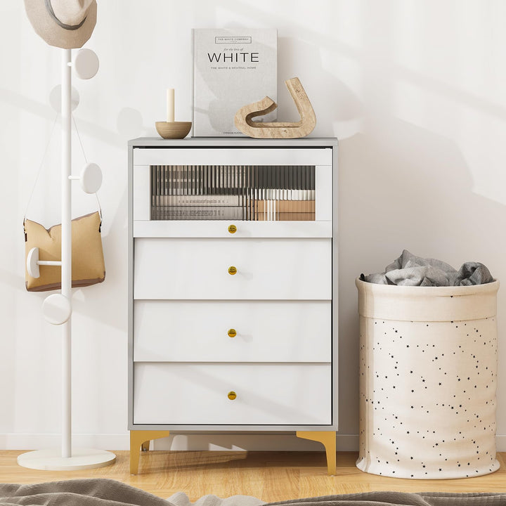 Giantex 3 Drawer Dresser, Modern Storage Cabinet w/Flip Up Fluted Glass Door & Pull-Out Drawers