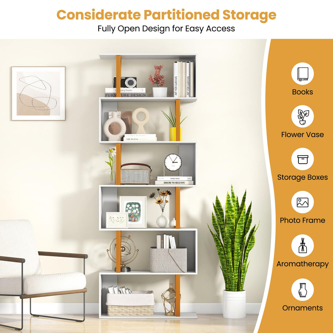 Giantex 6-Tier Modern S-Shaped Bookshelf with Anti-Tipping Kits