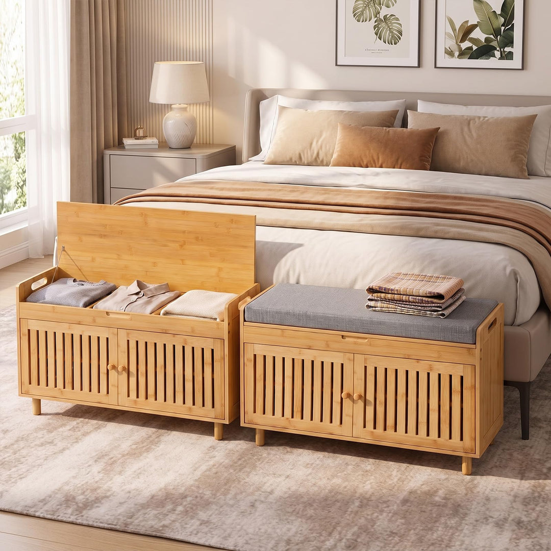 GIANTEX 36" Bamboo Shoe Storage Bench with Lift Top &amp; Cushion
