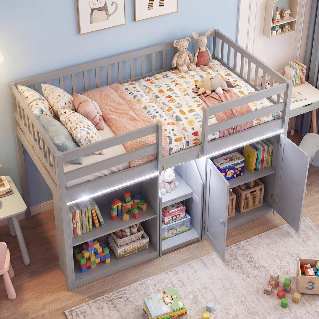 Giantex Low Loft Bed Twin Size with LED Lights, Wooden Bed Frame