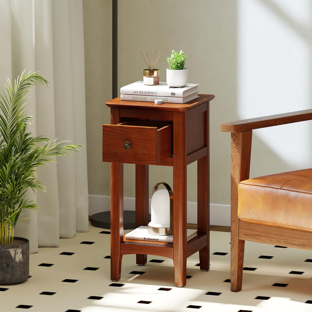 Giantex Narrow End Table with Drawer 23.5" H Side Table w/Open Storage Shelf & Solid Wood Frame