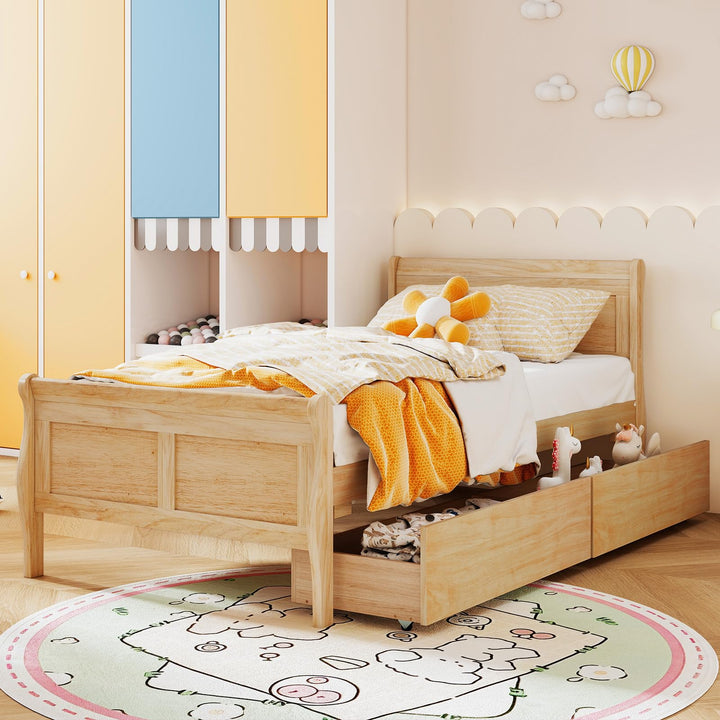 Giantex Twin Bed with 2 Storage Drawers Wood Platform Bed with Headboard & Footboard
